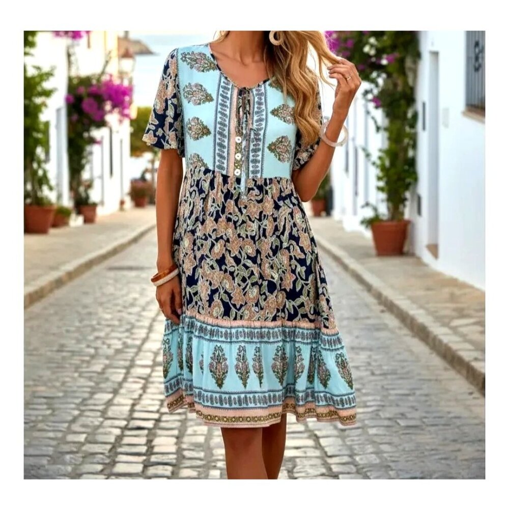 Small Boho Paisley Split Neck Mini Dress Half Sleeve Lightweight Babydoll Shein